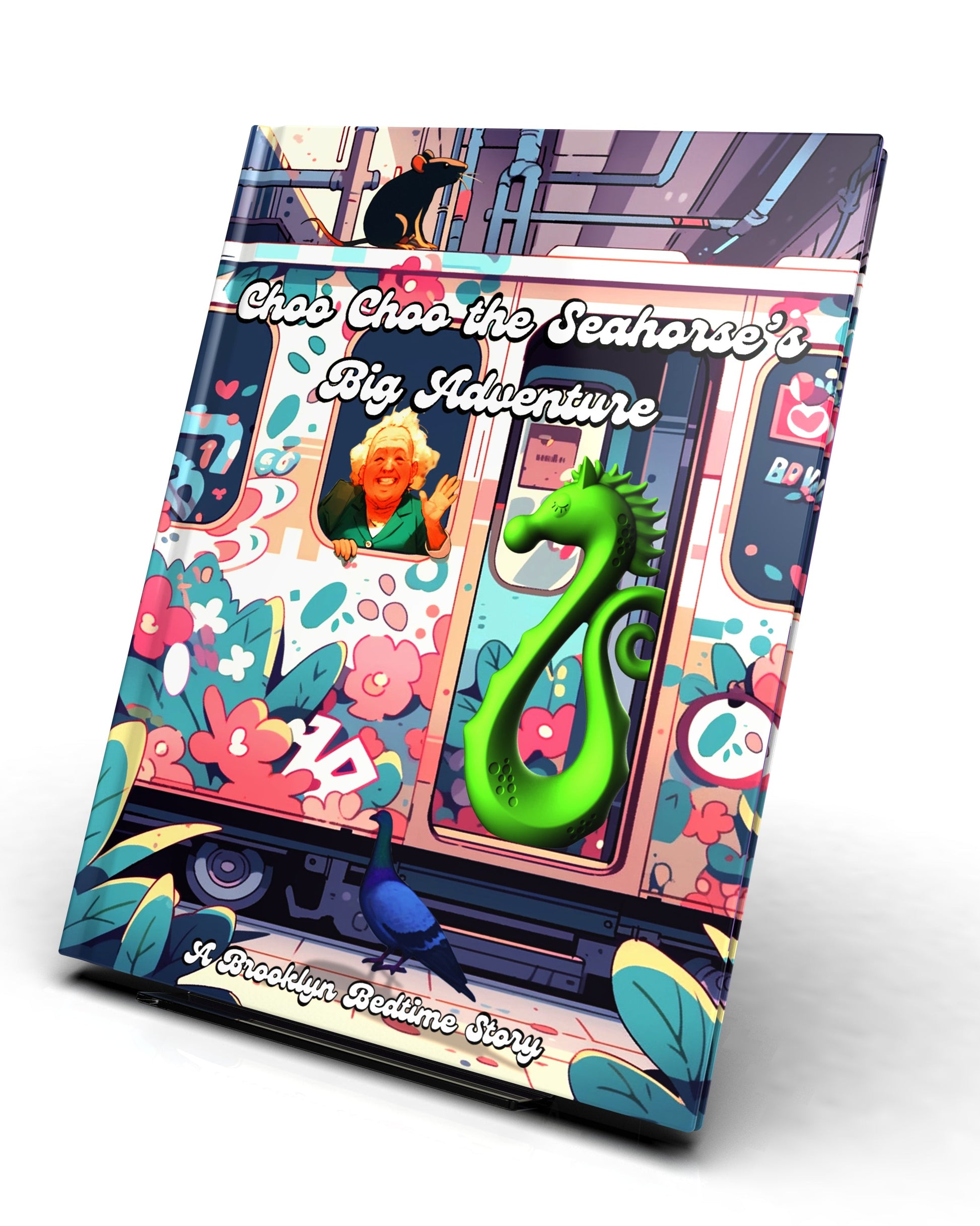 Book cover of 'Choo Choo the Seahorse's Big Adventure' featuring vibrant illustrations of flowers and a green seahorse.
