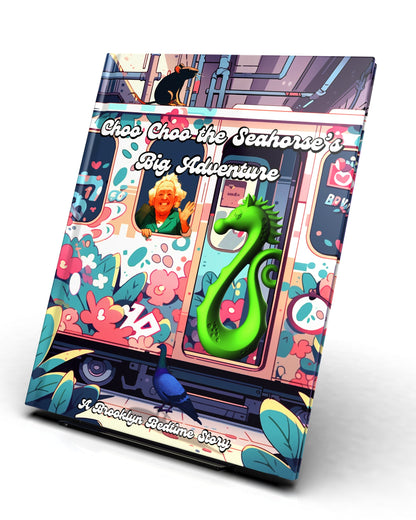 Book cover of 'Choo Choo the Seahorse's Big Adventure' featuring vibrant illustrations of flowers and a green seahorse.