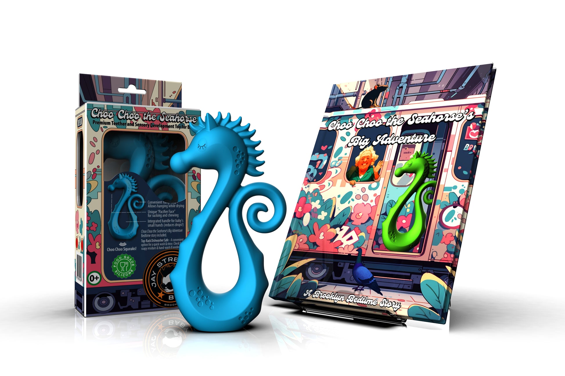 Blue Choo Choo the Seahorse storybook and teether set inspiring curiosity and sensory play for babies.