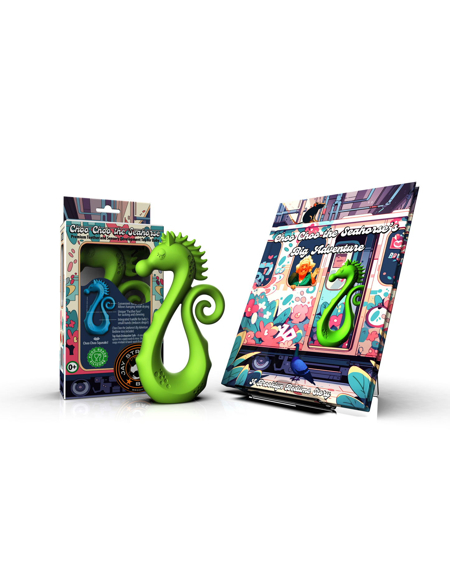 Choo Choo the Seahorse teether and storybook bundle by Jay Street Baby – safe, sensory development toy paired with an enchanting bedtime story.