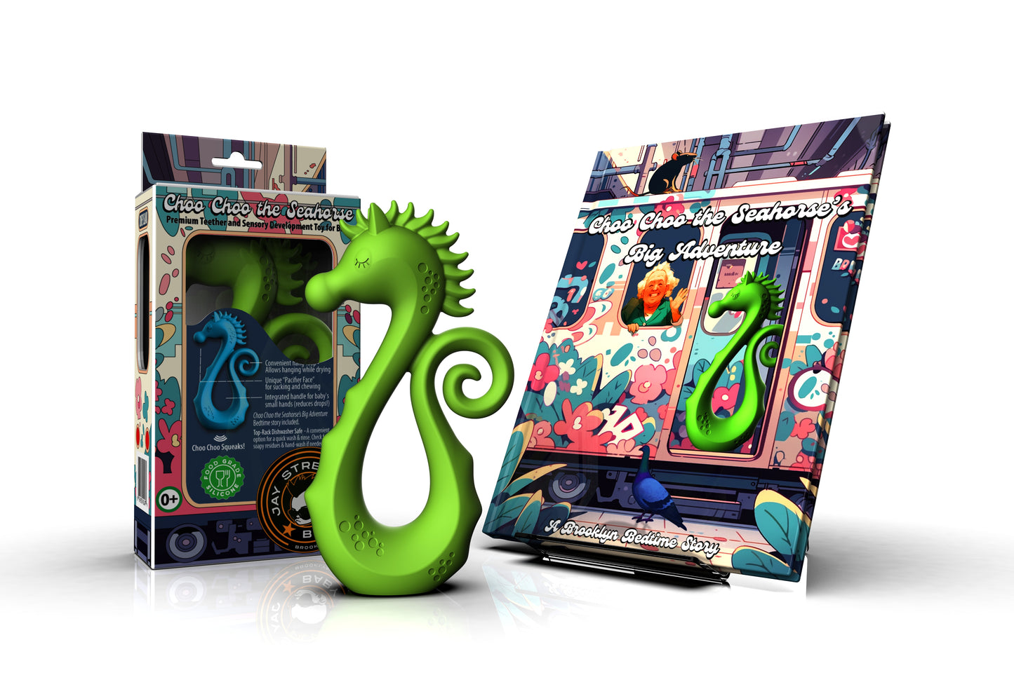 Green Choo Choo the Seahorse storybook and teether set inspiring curiosity and sensory play for babies.