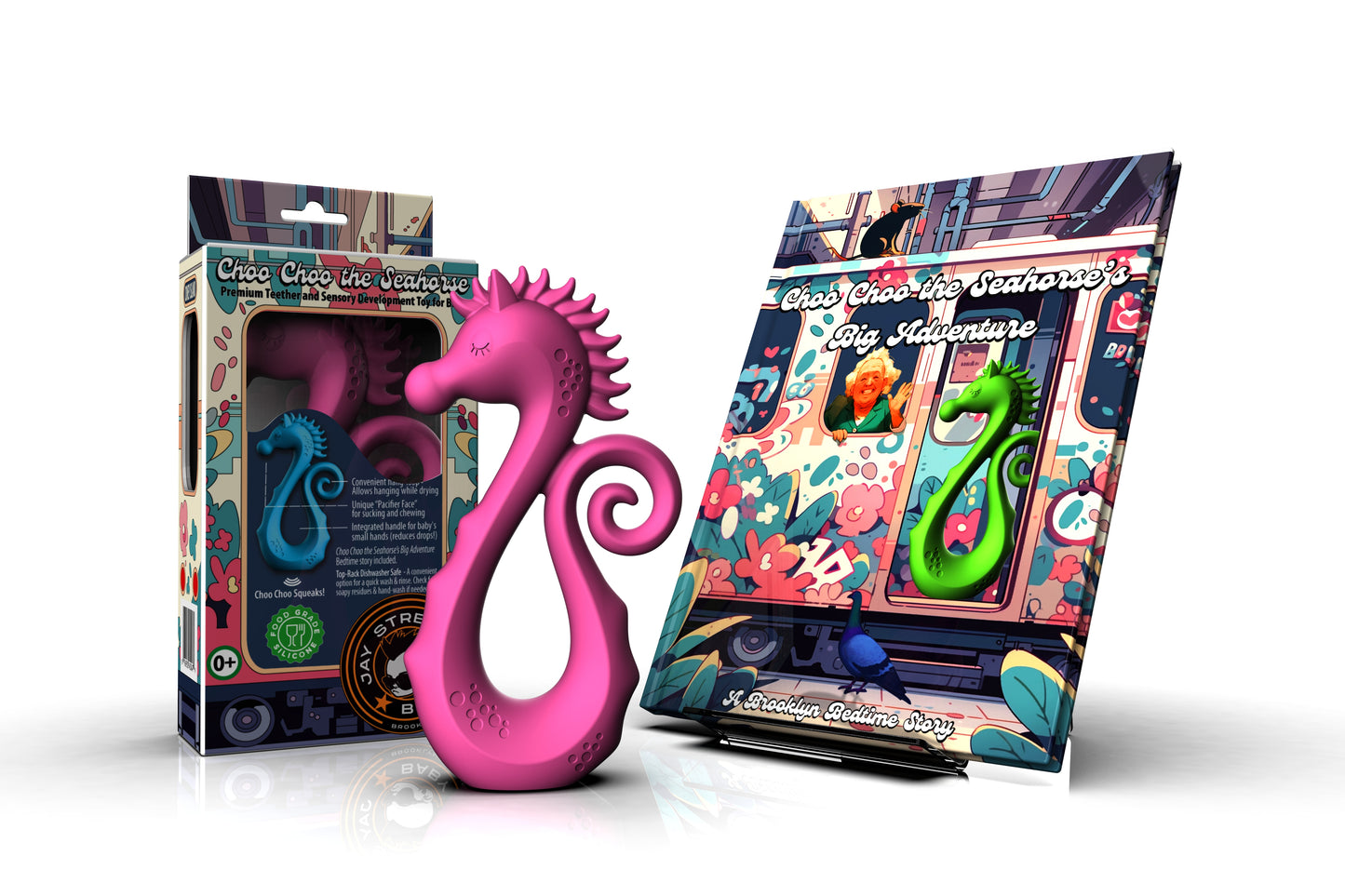 Pink Choo Choo the Seahorse storybook and teether set inspiring curiosity and sensory play for babies.
