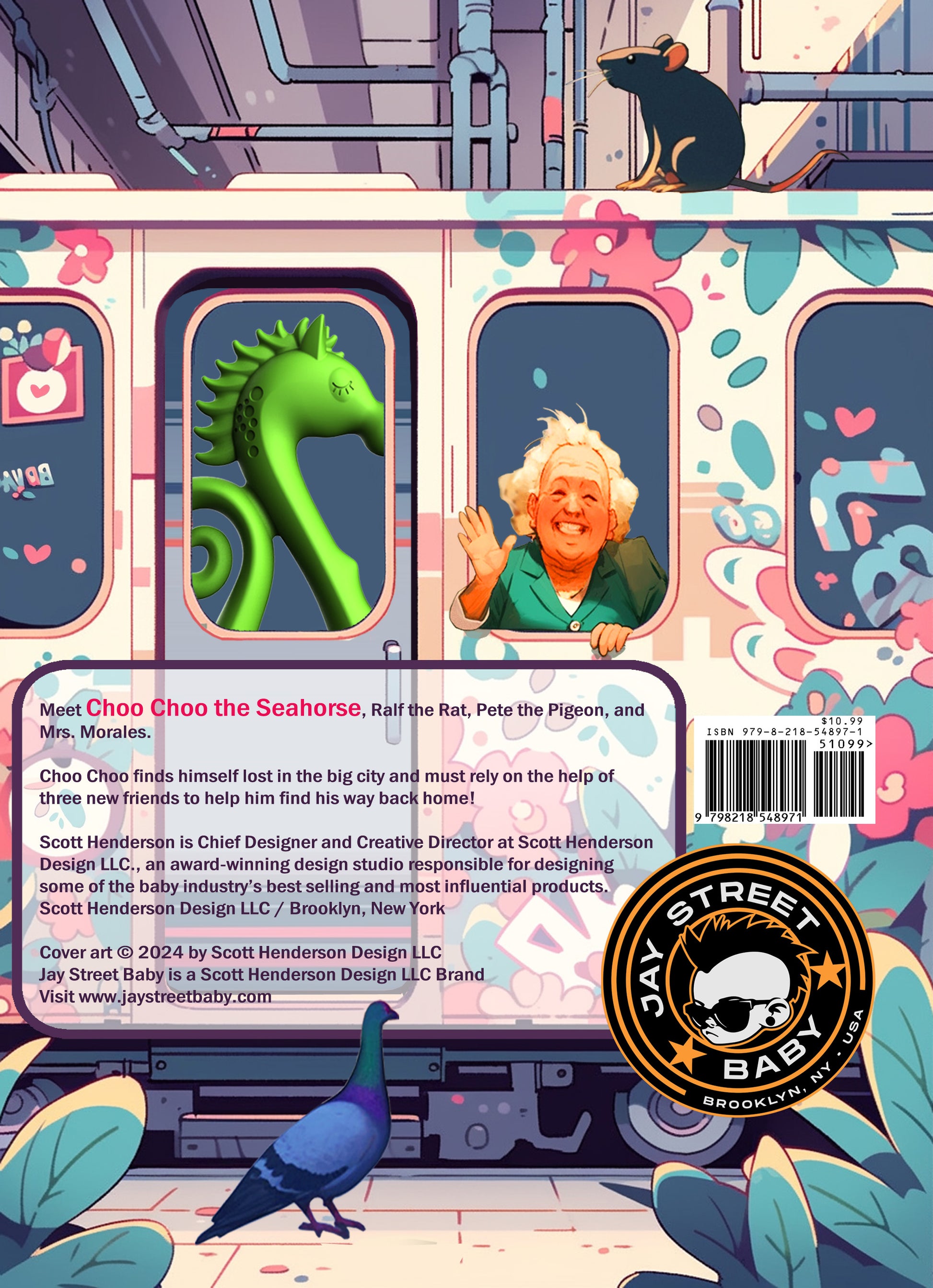 Colorful illustration of a subway scene featuring Choo Choo the Seahorse, a woman waving, a rat, a pigeon, and a vibrant floral design.
